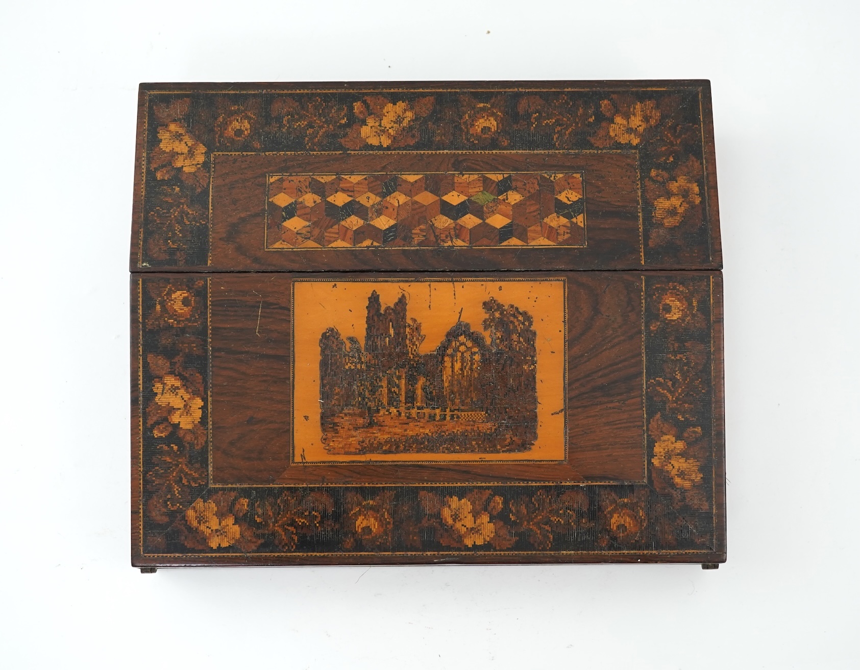 A Tunbridge ware rosewood writing slope, mid 19th century